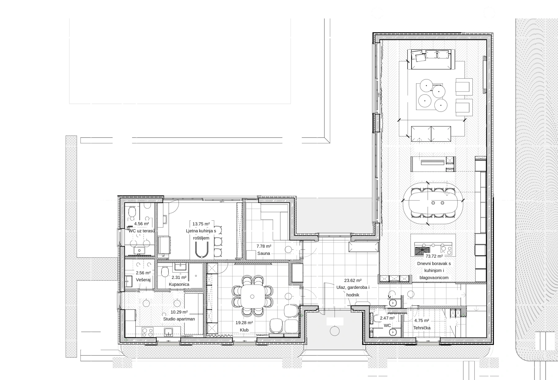 Prizemlje — dnevni prostor, club, studio i vanjski paviljon